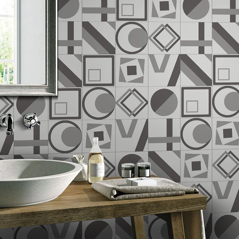 Graues geometrisches Tapetenpaneel-Set zum Abziehen und Aufkleben, moderne Badezimmer-Wandkunst Clearhalo