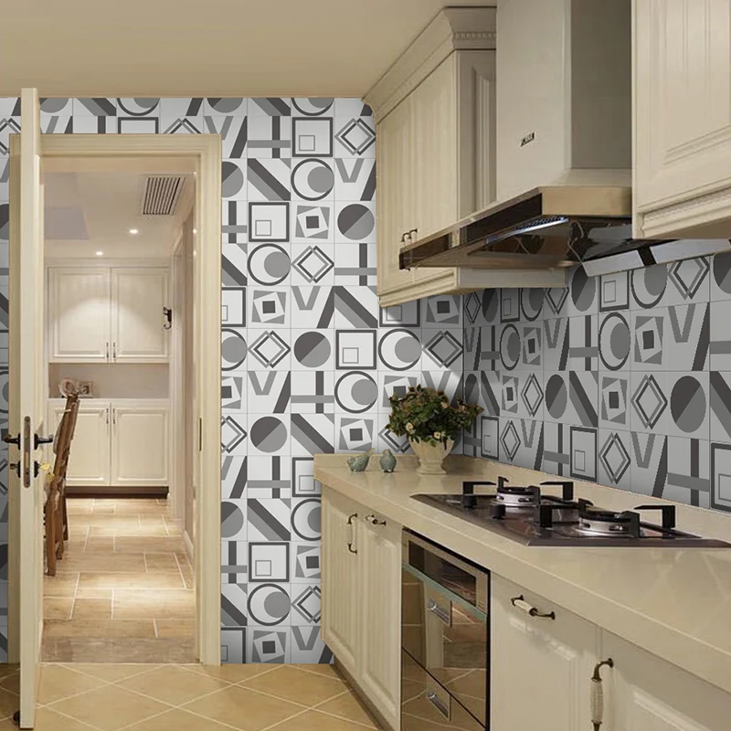 Graues geometrisches Tapetenpaneel-Set zum Abziehen und Aufkleben, moderne Badezimmer-Wandkunst Clearhalo