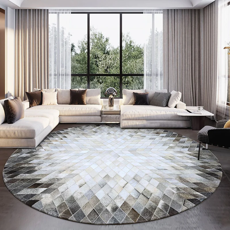 Grau-weißer Wohnzimmer-Teppich mit nordischem geometrischem Muster, rutschfester, pflegeleichter Teppich aus Rindsleder Cl...