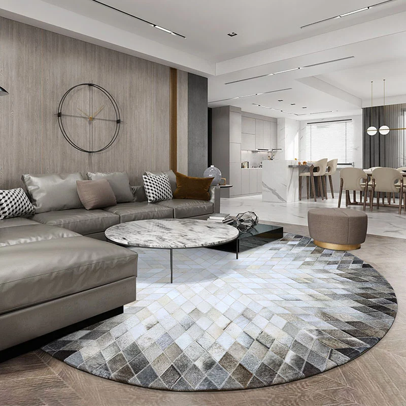 Grau-weißer Wohnzimmer-Teppich mit nordischem geometrischem Muster, rutschfester, pflegeleichter Teppich aus Rindsleder Cl...