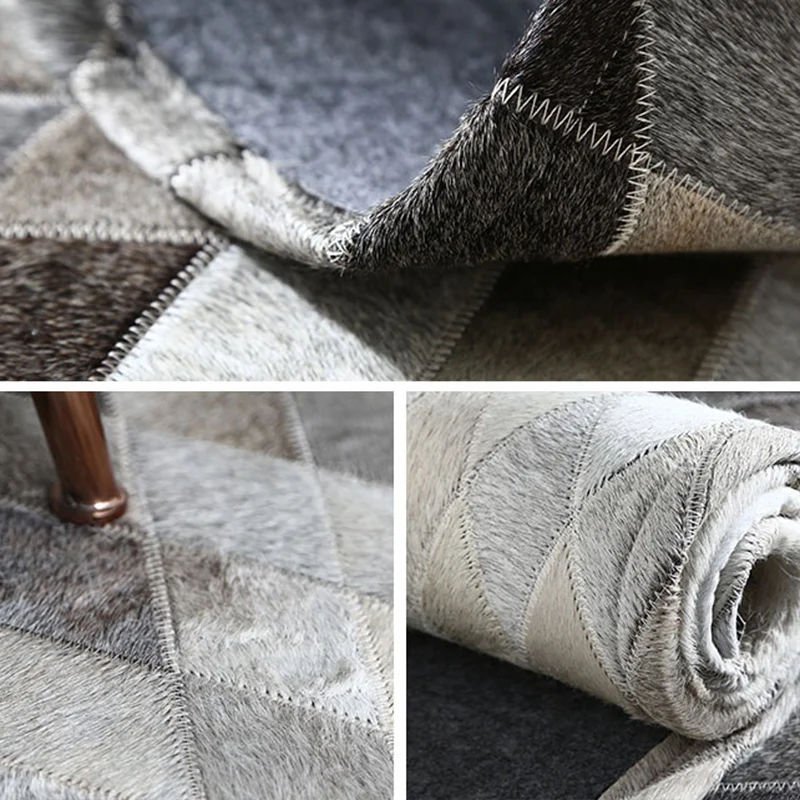 Grau-weißer Wohnzimmer-Teppich mit nordischem geometrischem Muster, rutschfester, pflegeleichter Teppich aus Rindsleder Cl...