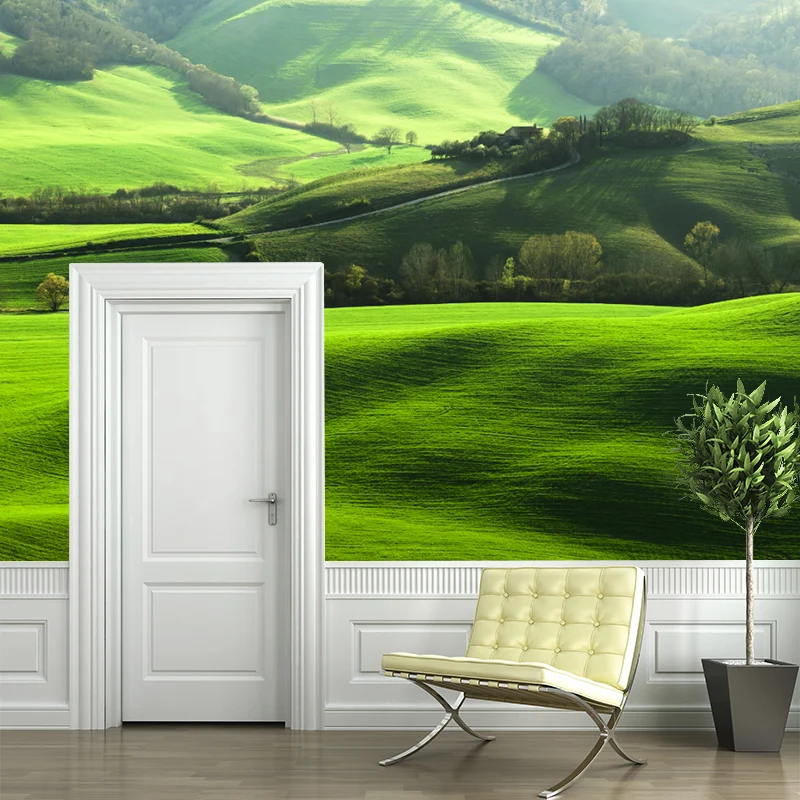 Green Hill View Murals Wallpaper Scenery Modernistische, schmutzabweisende Wanddekoration für das Wohnzimmer Clearhalo