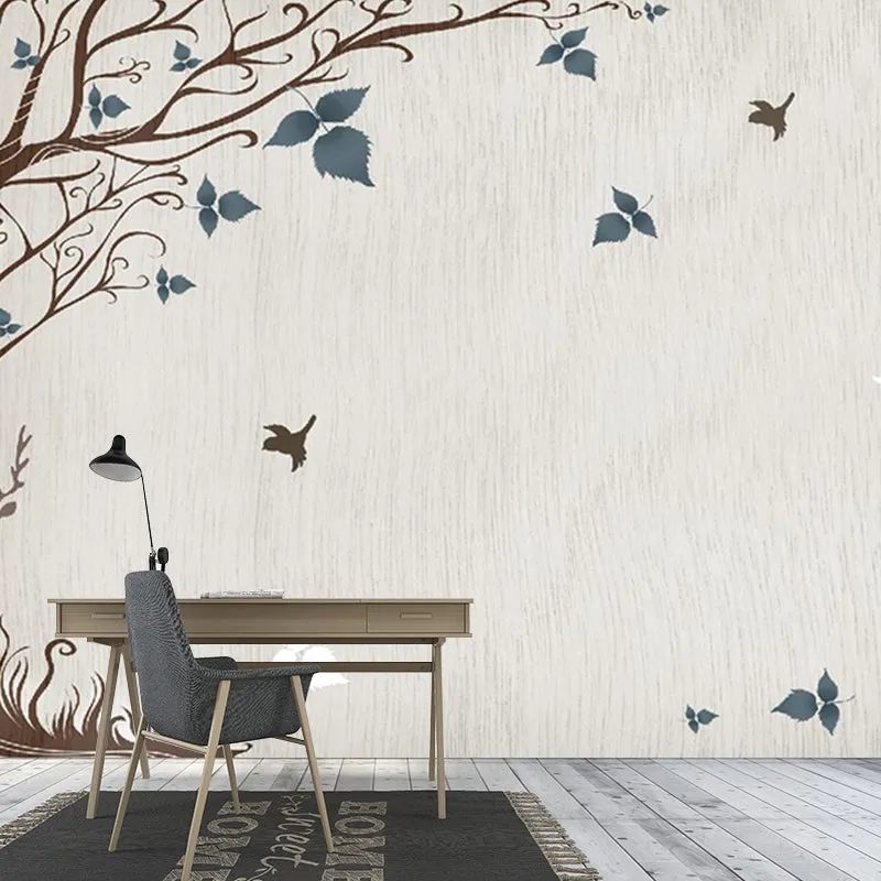 Grey-Blue Tree Wallpaper Murals Water Resistant Rustic Living Room Wall Art, Non-Woven Clearhalo