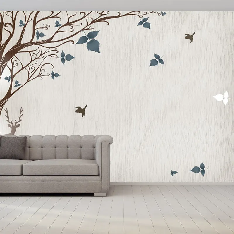 Grey-Blue Tree Wallpaper Murals Water Resistant Rustic Living Room Wall Art, Non-Woven Clearhalo