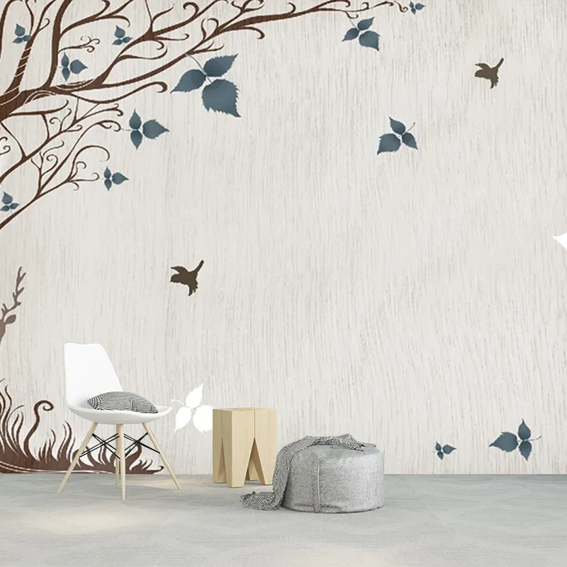 Grey-Blue Tree Wallpaper Murals Water Resistant Rustic Living Room Wall Art, Non-Woven Clearhalo