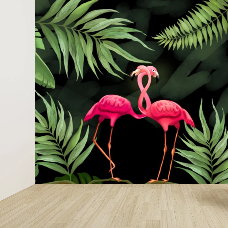 Grüne Flamingos-Wandtapete, wilde Tiere, tropische, schmutzabweisende Wandverkleidung Clearhalo
