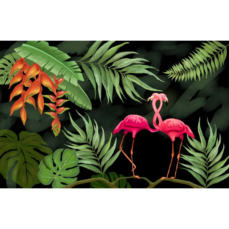 Grüne Flamingos-Wandtapete, wilde Tiere, tropische, schmutzabweisende Wandverkleidung Clearhalo