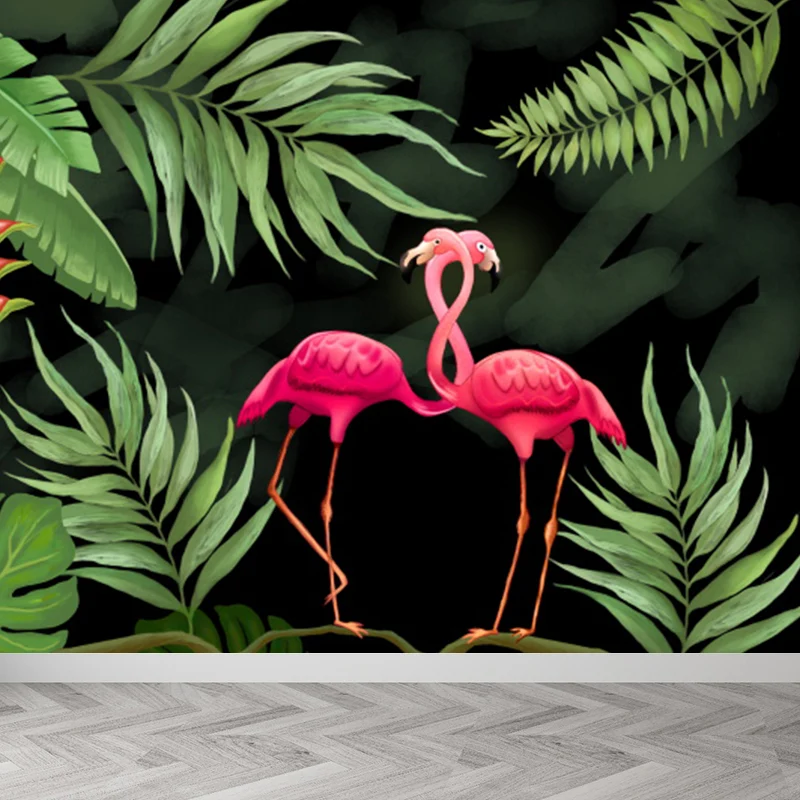 Grüne Flamingos-Wandtapete, wilde Tiere, tropische, schmutzabweisende Wandverkleidung Clearhalo