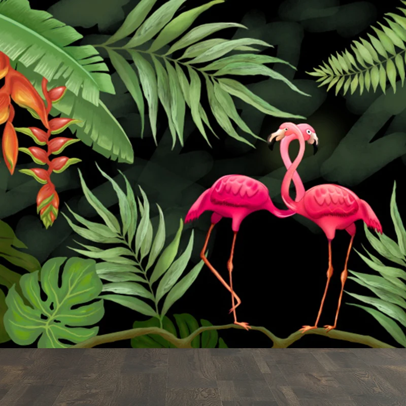 Grüne Flamingos-Wandtapete, wilde Tiere, tropische, schmutzabweisende Wandverkleidung Clearhalo