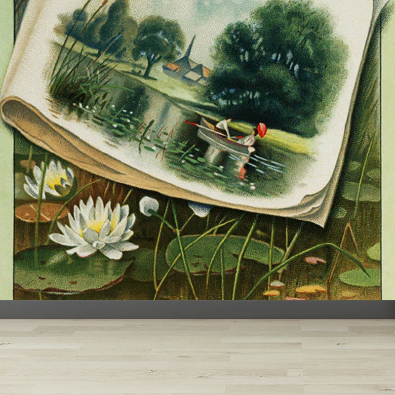 Grüne Lotusblumen-Wandtapete, moderne, waschbare Florentiner-Wandkunst für das Spielzimmer Clearhalo