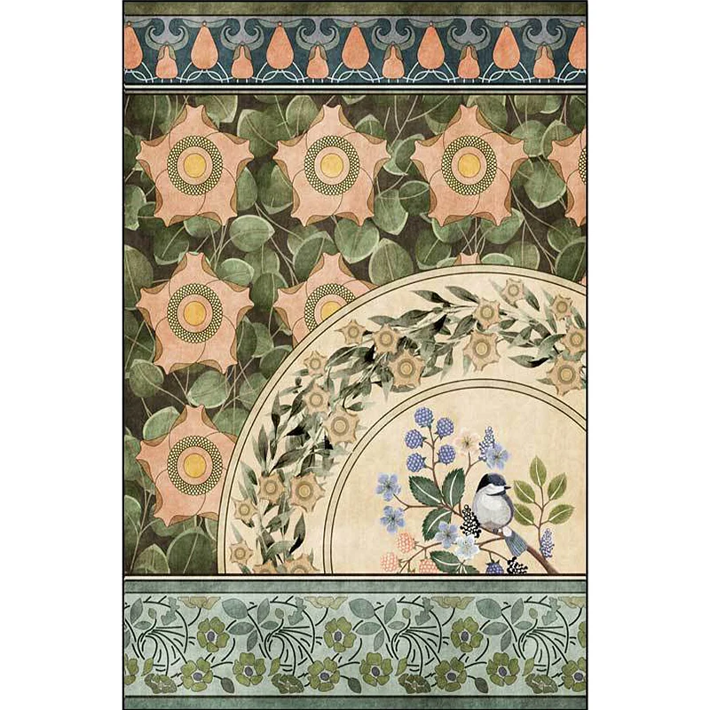 Grüner Orientteppich aus Polyester mit Blumen- und Vogelmuster, waschbarer, rutschfester Teppich für Schlafzimmer Clearhalo