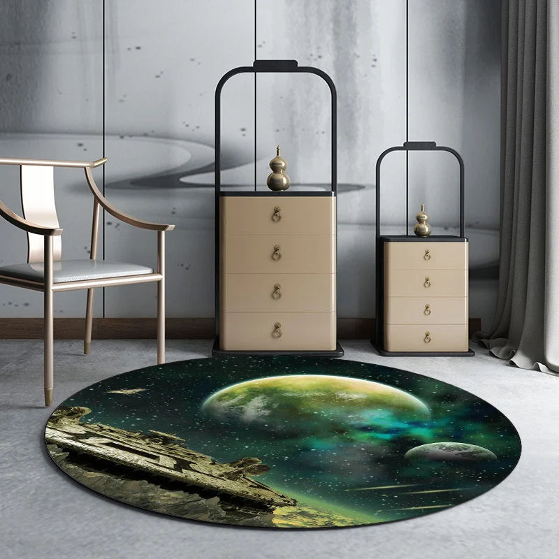 Grüner Schlafzimmerteppich, moderner Weltraum-Galaxie-Raumschiff-Planetenmuster-Teppich, rutschfester Polyester-Teppich Cl...