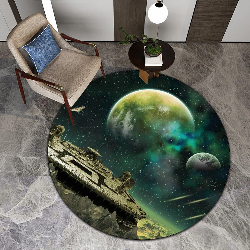Grüner Schlafzimmerteppich, moderner Weltraum-Galaxie-Raumschiff-Planetenmuster-Teppich, rutschfester Polyester-Teppich Cl...