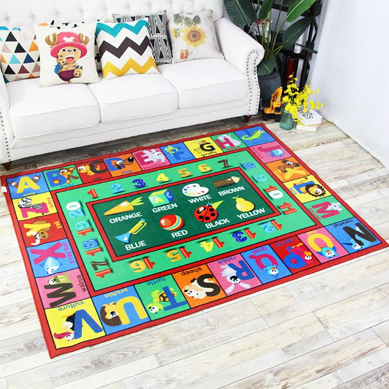 Grüner und blauer Kinderzimmerteppich, Kinderteppich mit Buchstaben- und Zahlenmuster, Polyester, waschbar, rutschfeste Un...
