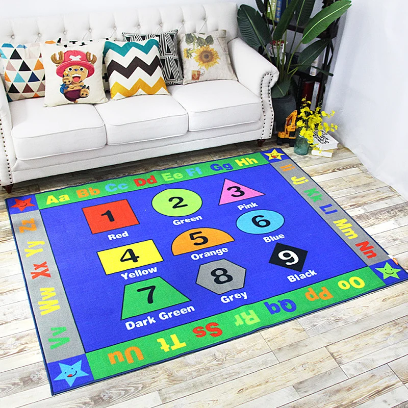 Grüner und blauer Kinderzimmerteppich, Kinderteppich mit Buchstaben- und Zahlenmuster, Polyester, waschbar, rutschfeste Un...