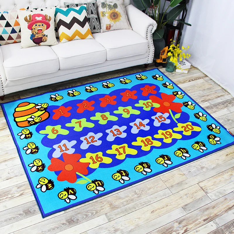 Grüner und blauer Kinderzimmerteppich, Kinderteppich mit Buchstaben- und Zahlenmuster, Polyester, waschbar, rutschfeste Un...