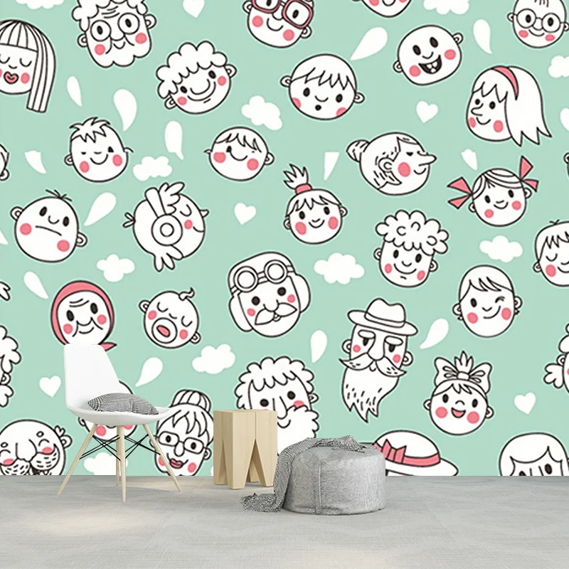 Grün-weiße Gesichtstapeten-Wandbilder, dekorative Cartoon-Stil-Wandkunst für Babyzimmer Clearhalo