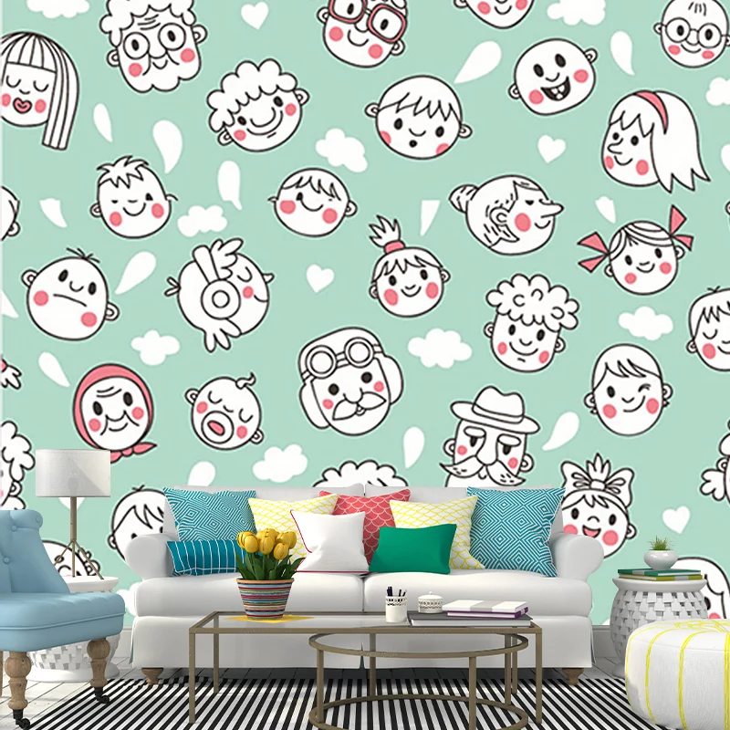 Grün-weiße Gesichtstapeten-Wandbilder, dekorative Cartoon-Stil-Wandkunst für Babyzimmer Clearhalo
