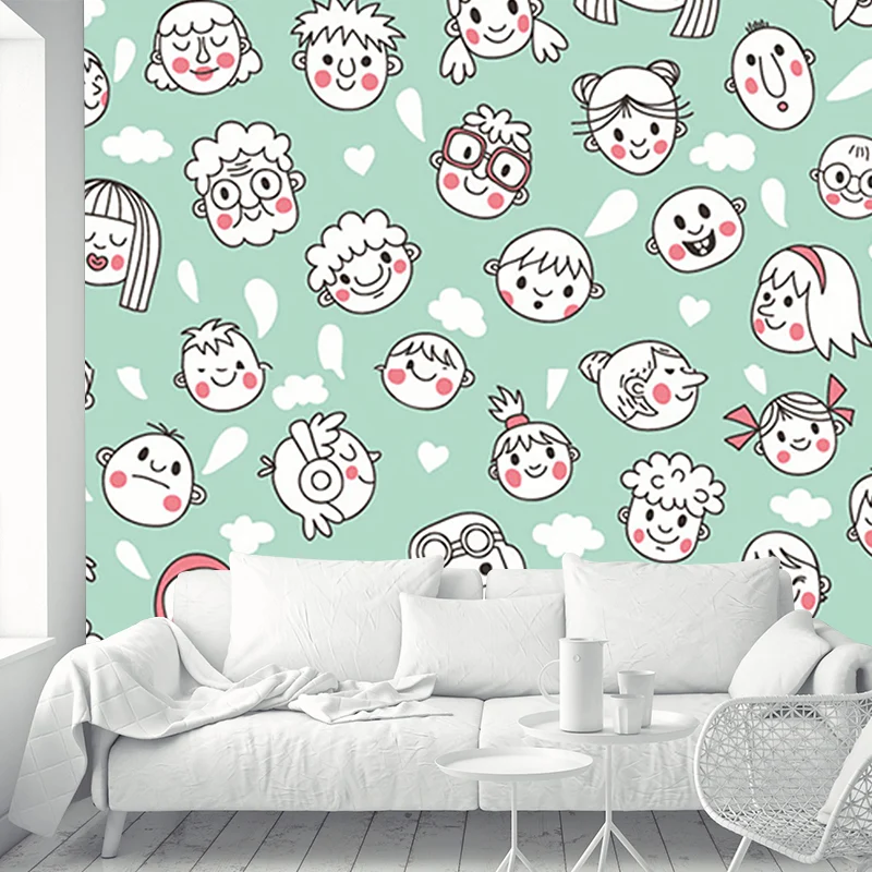 Grün-weiße Gesichtstapeten-Wandbilder, dekorative Cartoon-Stil-Wandkunst für Babyzimmer Clearhalo