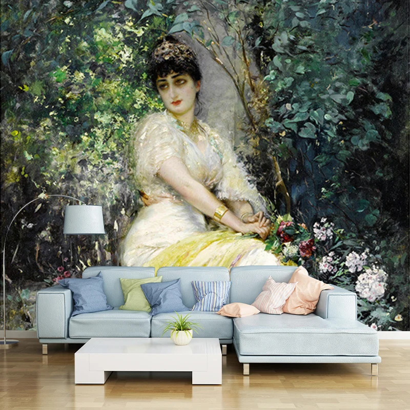 Grün-weiße klassische Wandtapete Whole Edouard Frederic Seat Shade Gemälde Wanddekoration für Wände Clearhalo