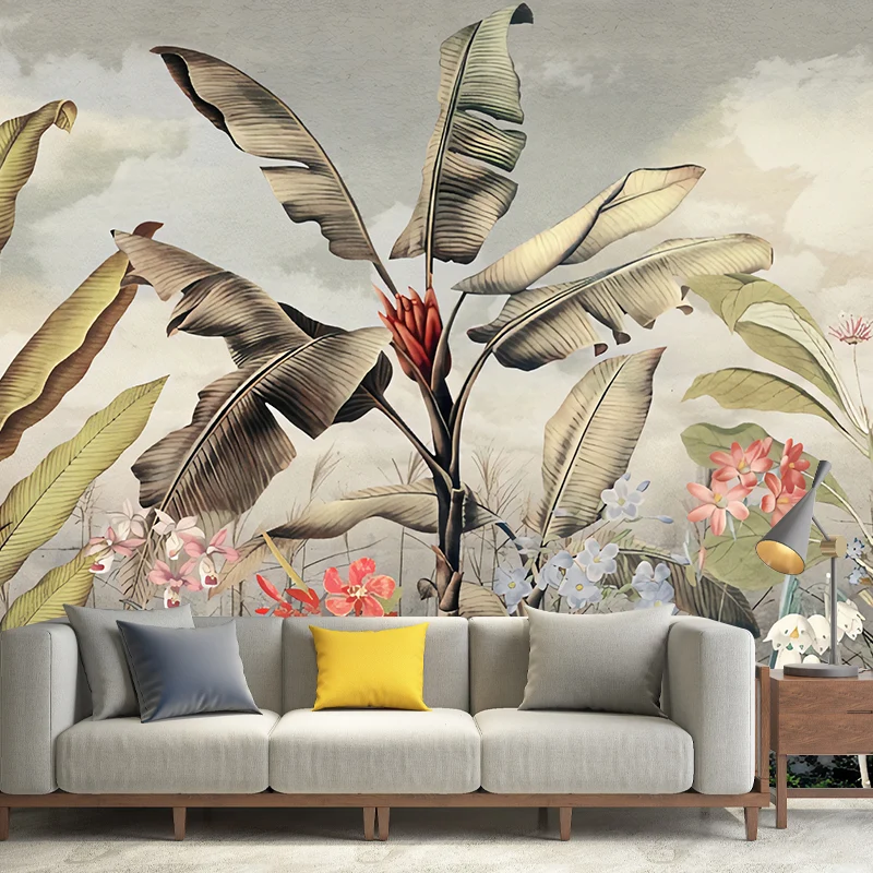 Große Illustration nordischer Fototapete für Gästezimmer mit Bananenblatt- und Blütendesign Grün Clearhalo