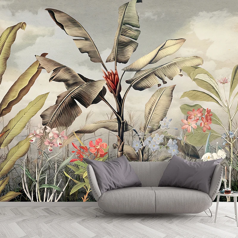 Große Illustration nordischer Fototapete für Gästezimmer mit Bananenblatt- und Blütendesign Grün Clearhalo