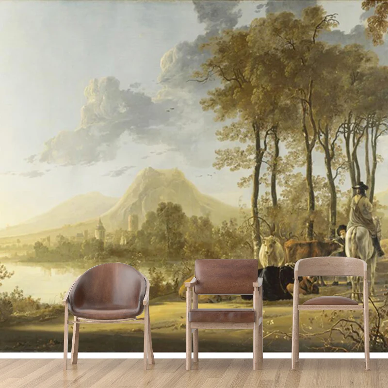 Große ländliche Landschaftswandtapete, moderne Wanddekoration mit Kuhmuster Braun Clearhalo