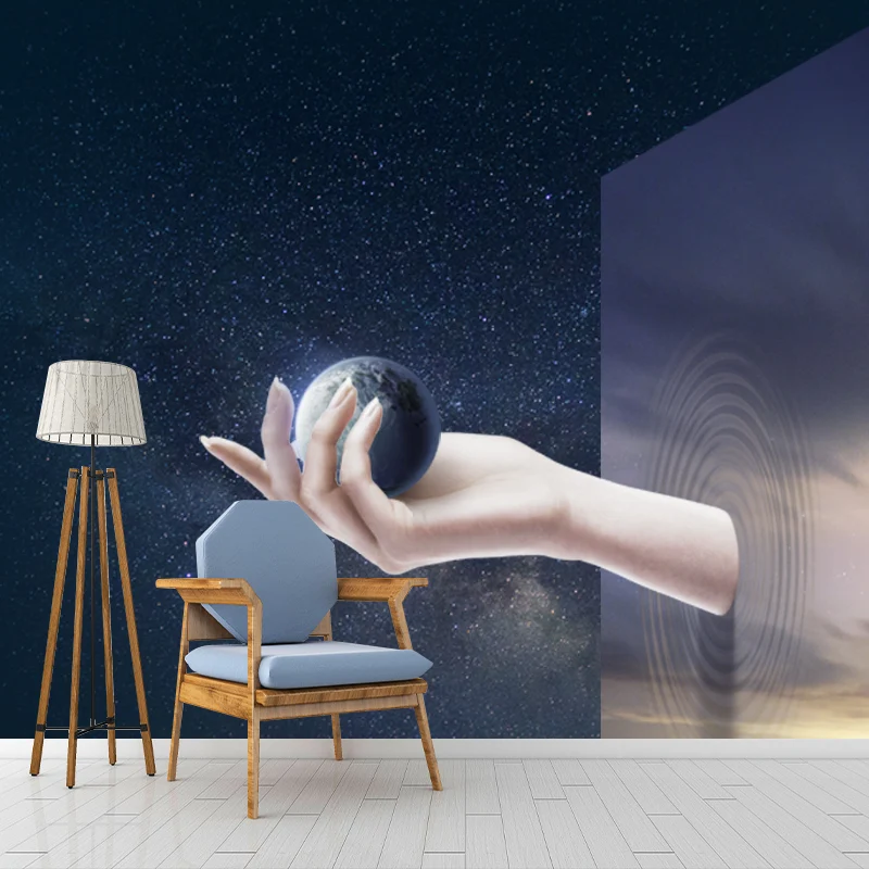 Große Sci-Fi-Wandbild-Tapete, blaues handzerbrechendes Fenster mit Erdball-Wandkunst, individuelle Größe Clearhalo