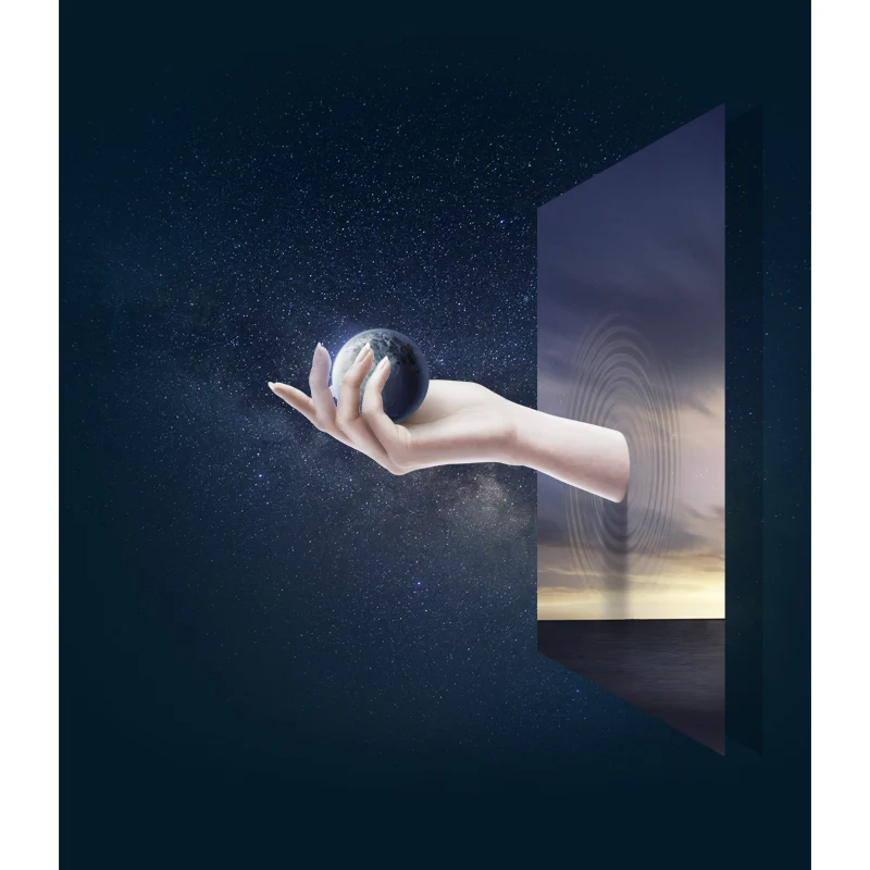 Große Sci-Fi-Wandbild-Tapete, blaues handzerbrechendes Fenster mit Erdball-Wandkunst, individuelle Größe Clearhalo