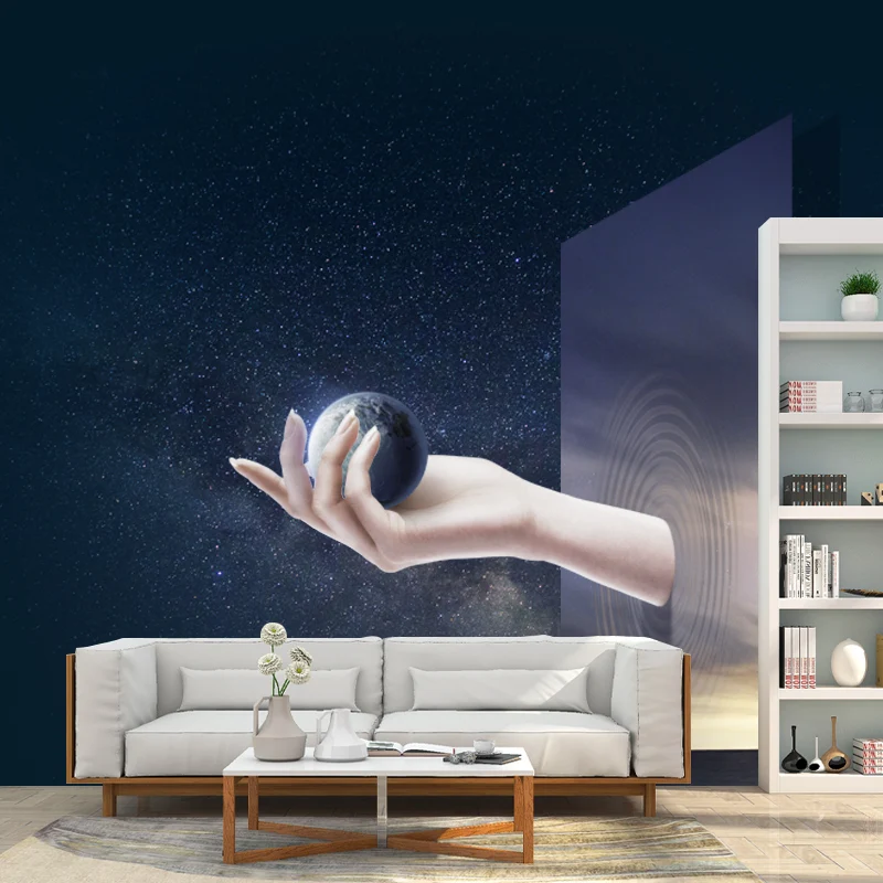 Große Sci-Fi-Wandbild-Tapete, blaues handzerbrechendes Fenster mit Erdball-Wandkunst, individuelle Größe Clearhalo