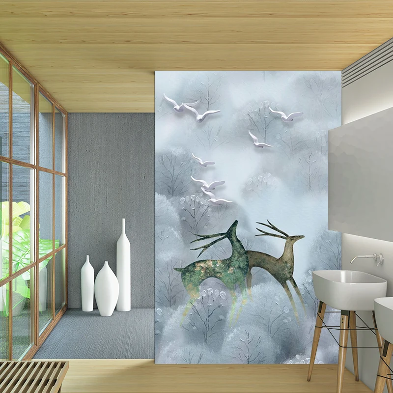 Große skandinavische Wandgemälde, graue und blaue Hirsche nebligen Büschen, Wanddekoration, individuelle Größe Clearhalo