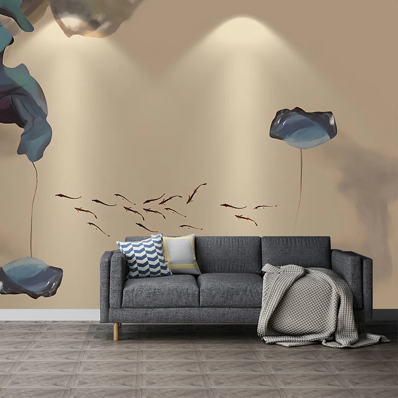 Großes Lotus- und Fisch-Wandbild für Wohnzimmer, Aquarell-Wandkunst Braun und Blau, schmutzabweisend Clearhalo