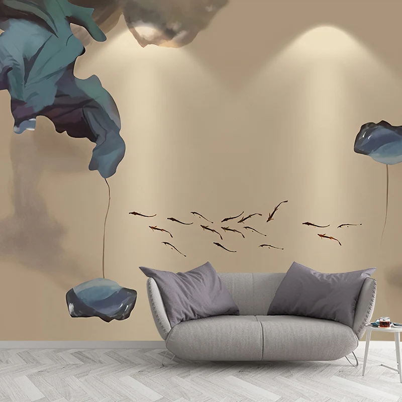 Großes Lotus- und Fisch-Wandbild für Wohnzimmer, Aquarell-Wandkunst Braun und Blau, schmutzabweisend Clearhalo