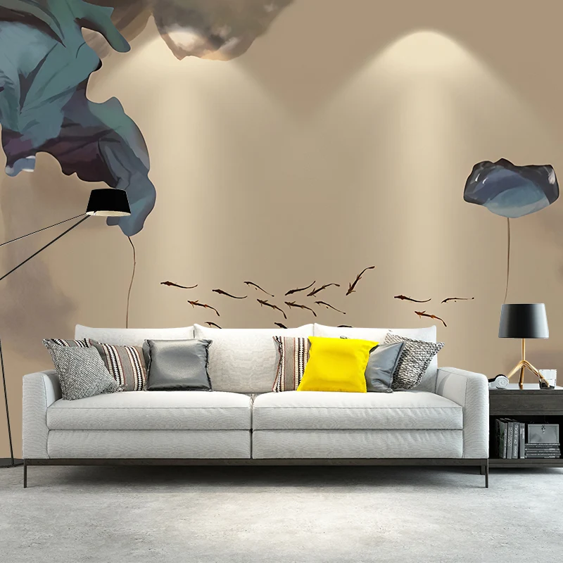 Großes Lotus- und Fisch-Wandbild für Wohnzimmer, Aquarell-Wandkunst Braun und Blau, schmutzabweisend Clearhalo