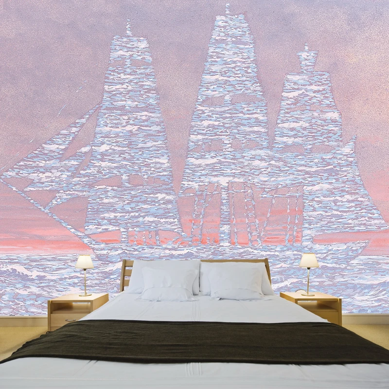 Großes Segelschiff-Tapeten-Wandgemälde, Surrealismus, inspirierende Kunstwerke, Wandverkleidung Rosa-Blau Clearhalo