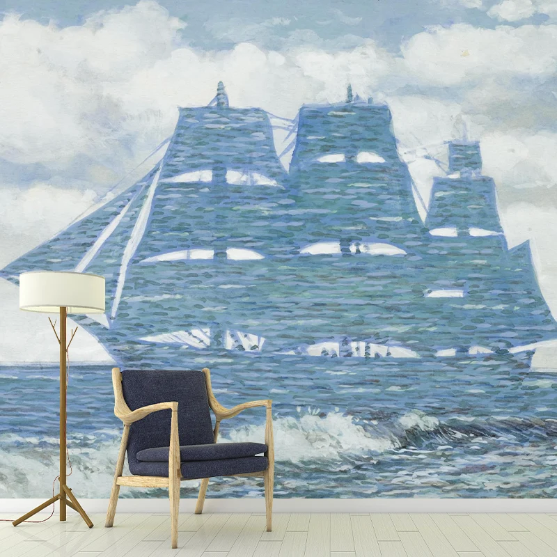 Großes Segelschiff-Tapeten-Wandgemälde, Surrealismus, inspirierende Kunstwerke, Wandverkleidung Rosa-Blau Clearhalo