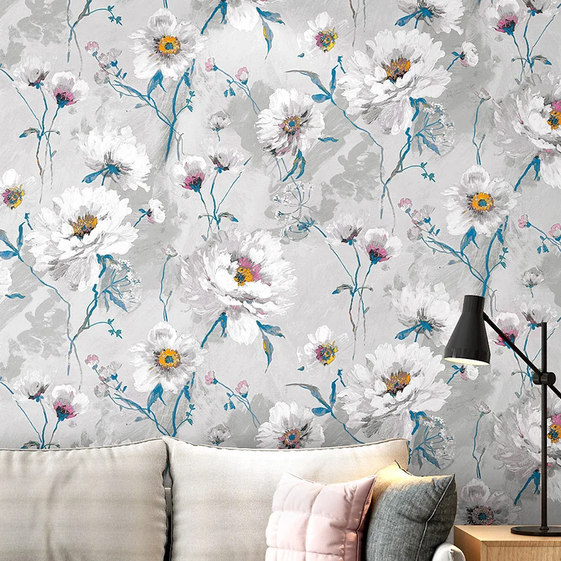Handbedruckte Tapete mit Blumenmuster, Vliesstoff, 20,5" B x 33'L Wandverkleidung Clearhalo