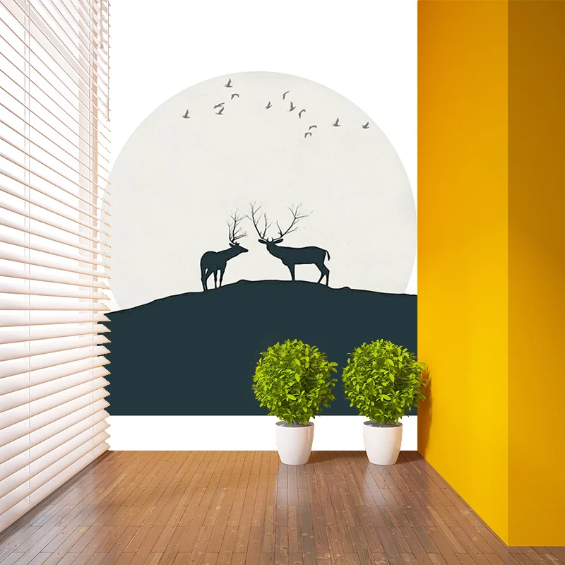 Hirsche unter riesigem Mond-Wandaufkleber, schwarz-weiß, minimalistische Wandkunst für Schlafzimmer Clearhalo
