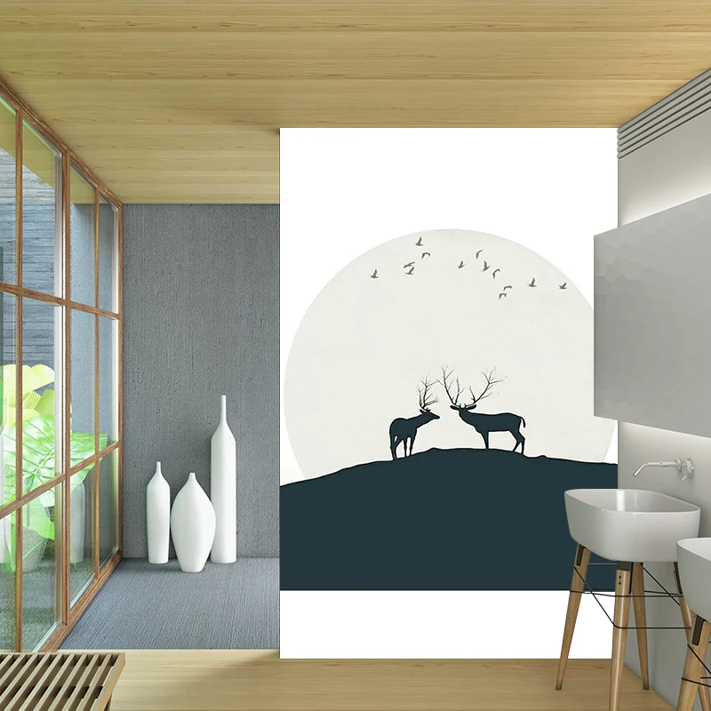 Hirsche unter riesigem Mond-Wandaufkleber, schwarz-weiß, minimalistische Wandkunst für Schlafzimmer Clearhalo
