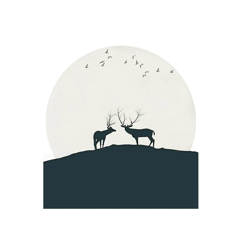 Hirsche unter riesigem Mond-Wandaufkleber, schwarz-weiß, minimalistische Wandkunst für Schlafzimmer Clearhalo