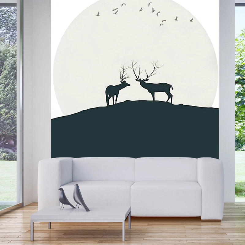 Hirsche unter riesigem Mond-Wandaufkleber, schwarz-weiß, minimalistische Wandkunst für Schlafzimmer Clearhalo