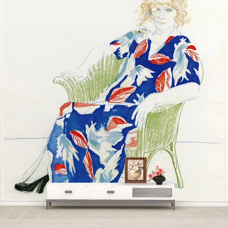 Hockney-Frau-Portrait-Wandtattoo rot-blauer künstlerischer Wanddekoration für Schlafzimmer Clearhalo