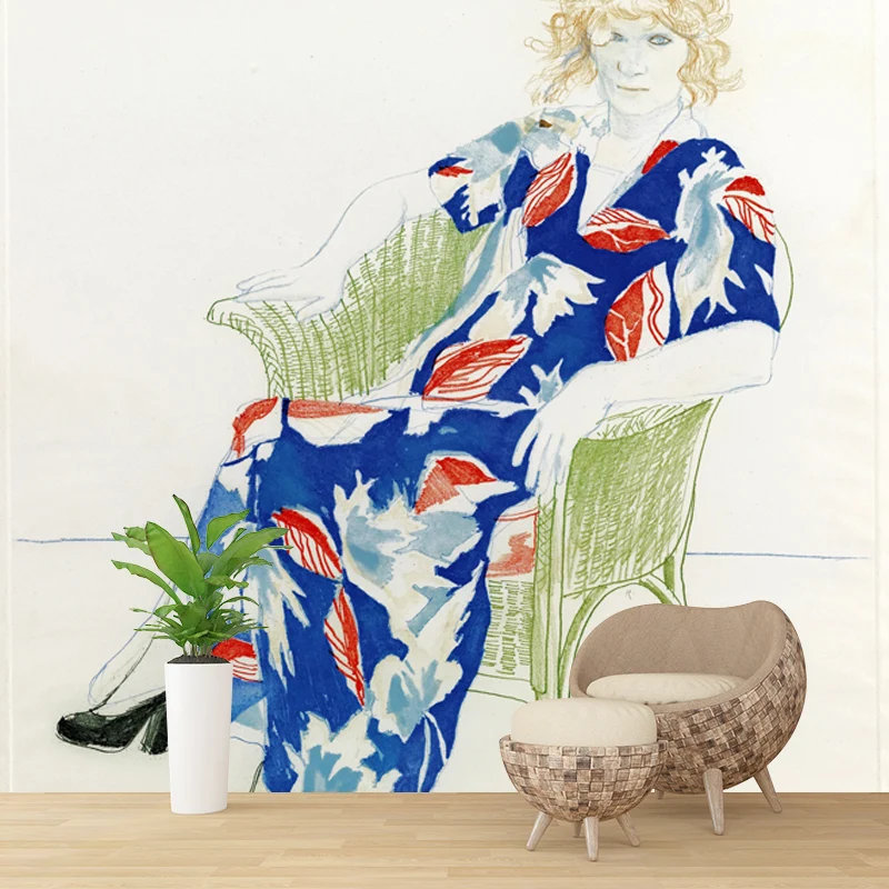 Hockney-Frau-Portrait-Wandtattoo rot-blauer künstlerischer Wanddekoration für Schlafzimmer Clearhalo