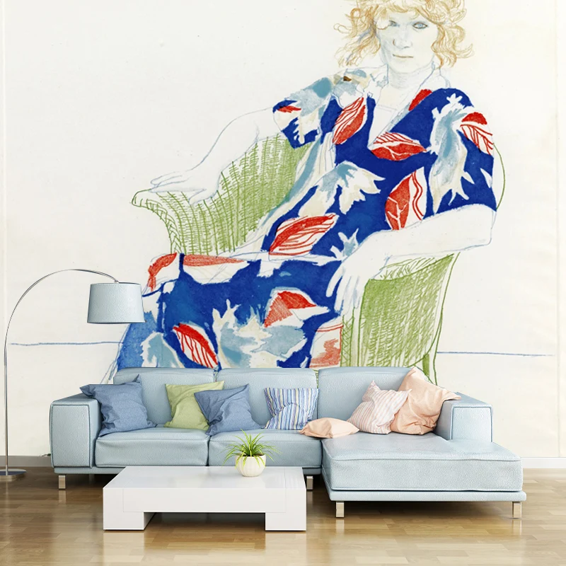 Hockney-Frau-Portrait-Wandtattoo rot-blauer künstlerischer Wanddekoration für Schlafzimmer Clearhalo