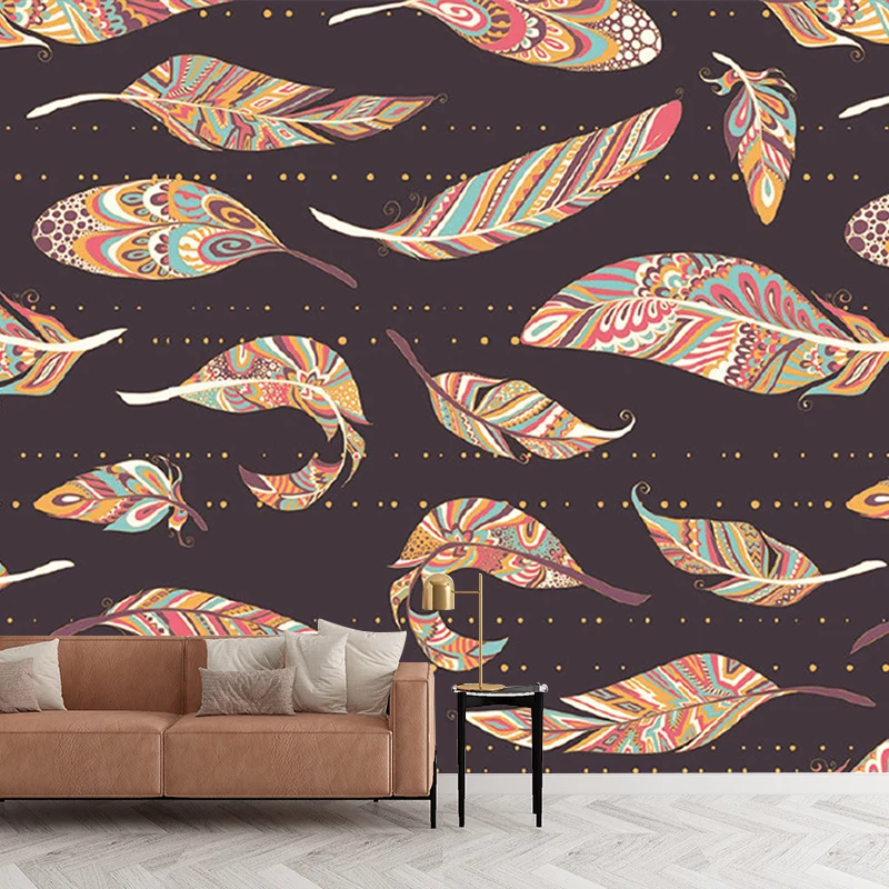 Illustration Colorful Feather Murals Tapete für Schlafzimmer, Braun, nach Maß gefertigt Clearhalo