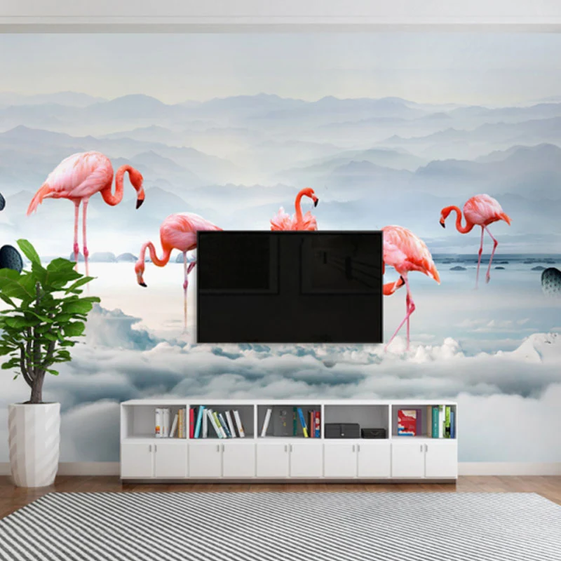 Illustration Flamingo-Wandbild-Tapete, ganze Wandkunst für Mädchenzimmer, nach Maß gefertigt Clearhalo