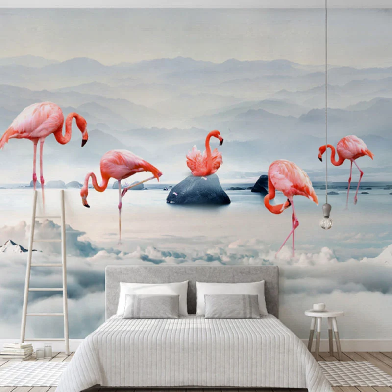 Illustration Flamingo-Wandbild-Tapete, ganze Wandkunst für Mädchenzimmer, nach Maß gefertigt Clearhalo