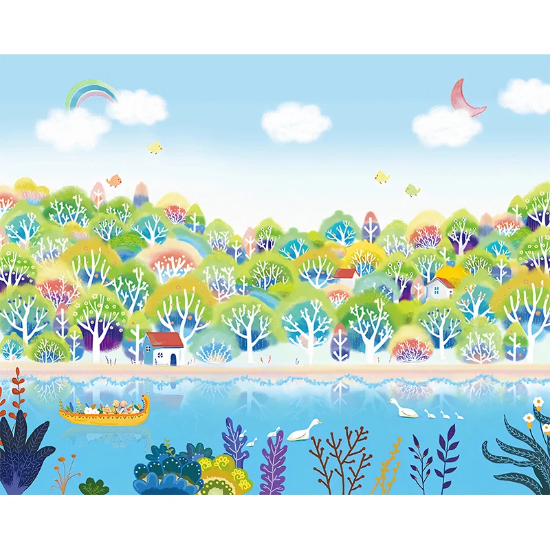 Illustration Fluss- und Waldwandtapete für Kinder Blau und Grün, nach Maß gefertigt Clearhalo