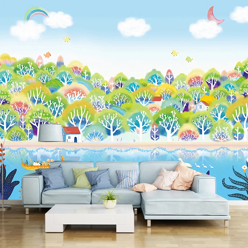 Illustration Fluss- und Waldwandtapete für Kinder Blau und Grün, nach Maß gefertigt Clearhalo