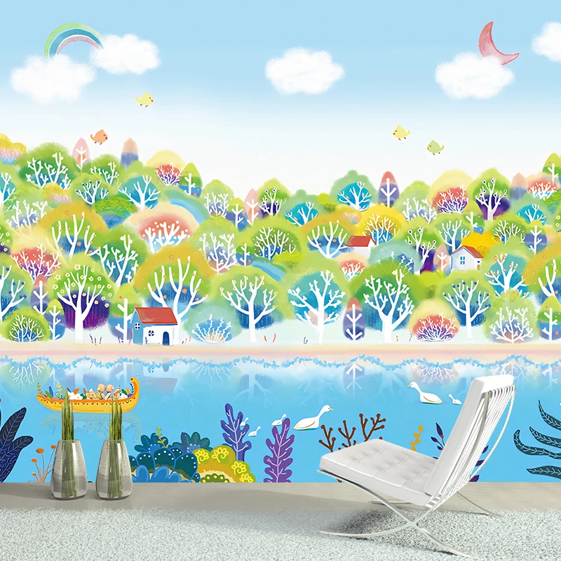 Illustration Fluss- und Waldwandtapete für Kinder Blau und Grün, nach Maß gefertigt Clearhalo
